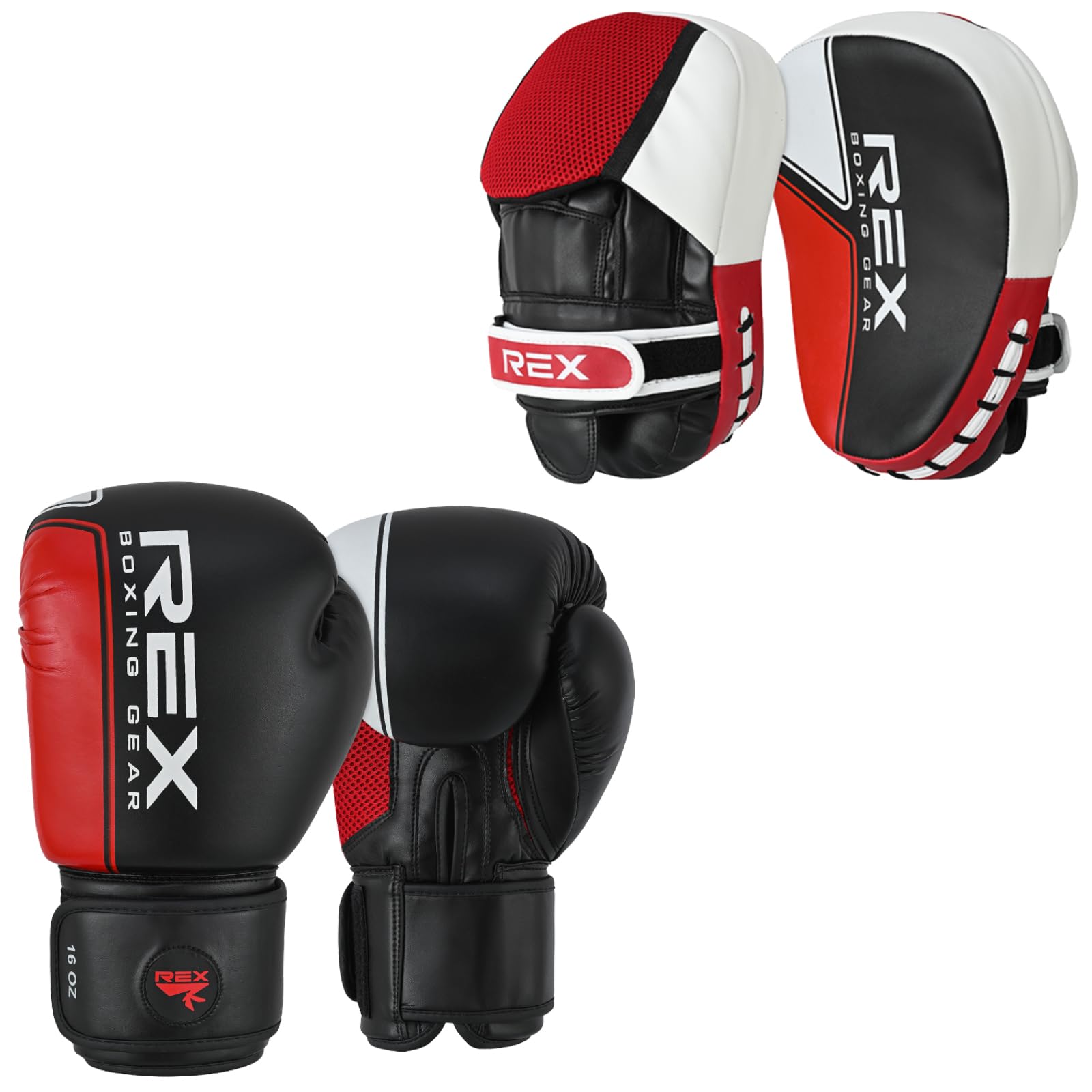 REX Boxing Gloves and Pads Set for Men & Women Curved Focus Mitts for Training Kickboxing, MMA, Muay Thai & Martial Arts Punching Gloves for Sparring, Home & Gym Workout Kit (14 OZ)