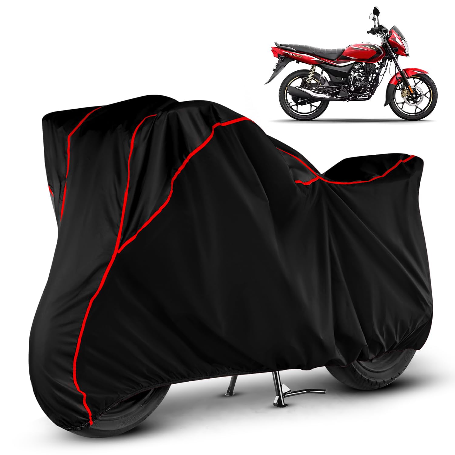 Heavy Duty Waterproof Bike Cover for Bajaj Platina 110 | All Weather Protection from Rain, Dust, Sun & Scratches | Universal Fit for All Bike & Scooty | Black Red Piping-image-35