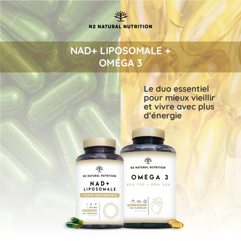NAD+ Trans Resveratrol 1100 mg. Formule Liposomale avec Nicotinamide Riboside, Niacine et Vitamine E. Boost Métabolisme, Anti-Âge et Réparation Cellulaire. N2 Natural Nutrition