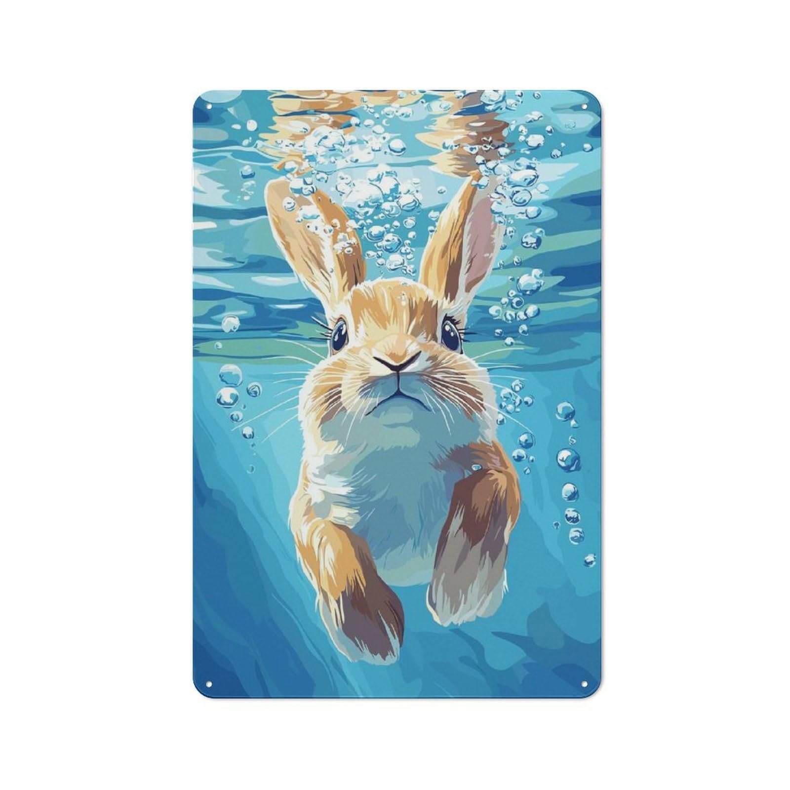 Junmoney Style-8 Rabbit Underwater With Bubbles Illustration Decorative Tin Sign 30X20cm, Old Fashioned Vintage Wall Decor For Lounge, Study, Pub Or Wall Gallery