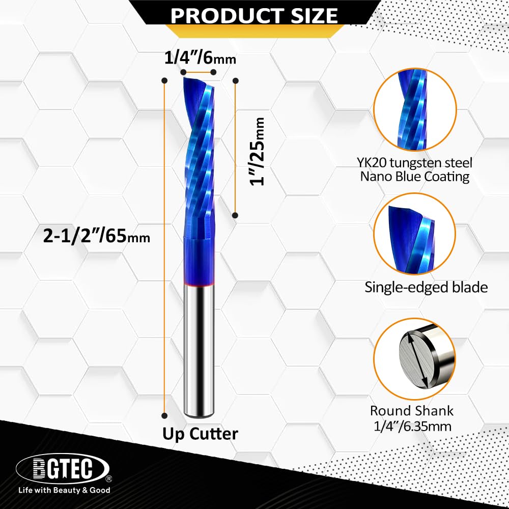 BGTEC Punte per Fresatura O-flute - 2 PEZZI Fresa CNC Elicoidali in Metallo duro a Singolo Tagliente, 6MM Upcut per Legno, Alluminio, Plastica, Acrilico, MDF e PVC