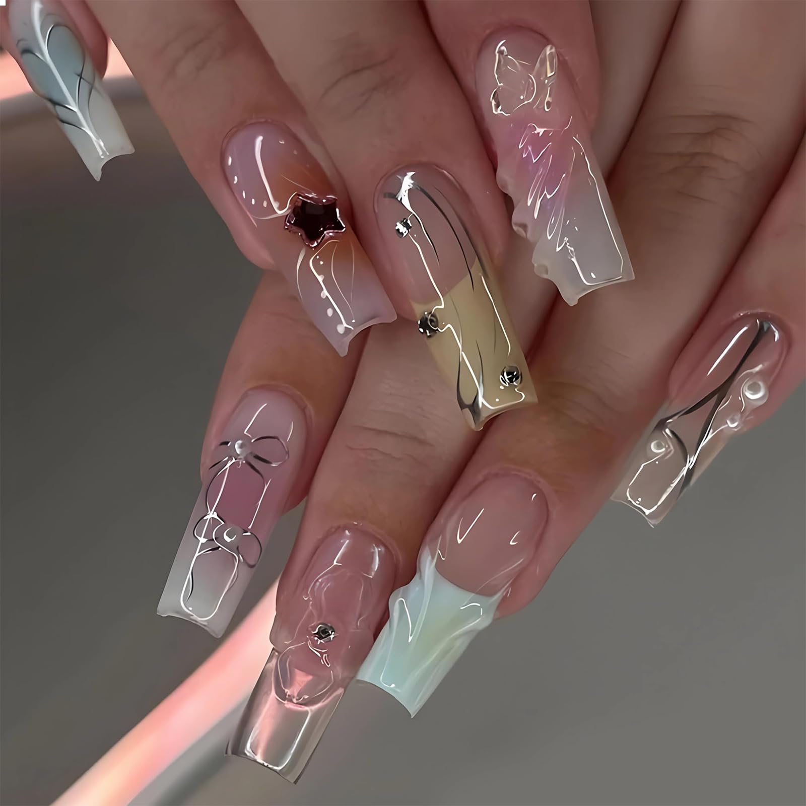 GlamRays French Press on Nails Square Butterfly Pearls Long Nail Press Ons 3D Stripe Design False Nails Full Cover Artificial 24 PCS