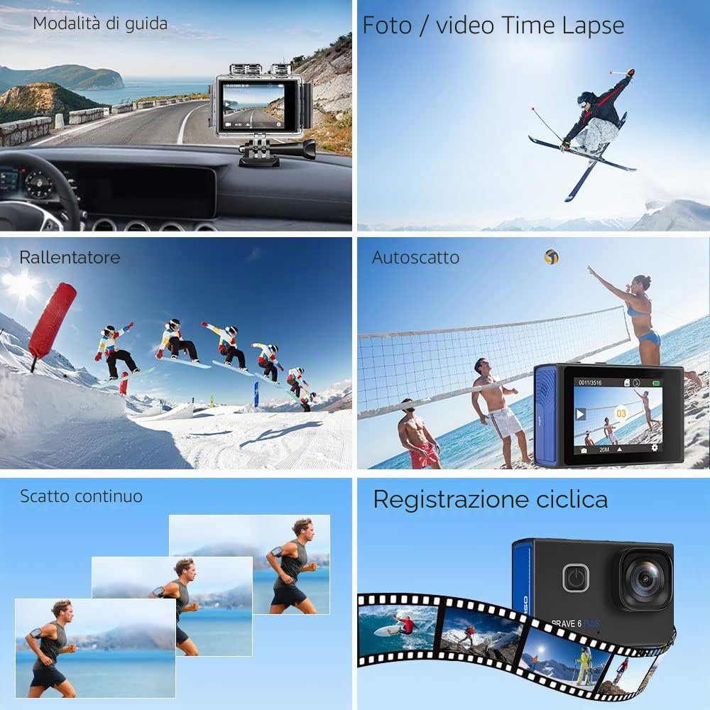 AKASO Action Cam 4K 20MP Action Camera WiFi 40M Fotocamera Subacquea Impermeabile EIS Touch Screen con 8x Zoom Controllo Vocale Telecomando Fotocamera Casco con 2 Batterie da 1350mAh