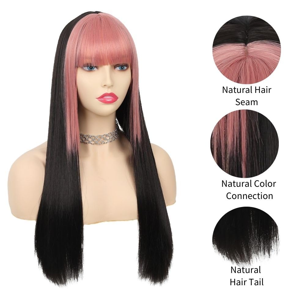 Salaibs Black Straight Long Womens Wig with Pink Bangs Synthetic Heat Resistant Fiber Cosplay Halloween Wig - Image 2