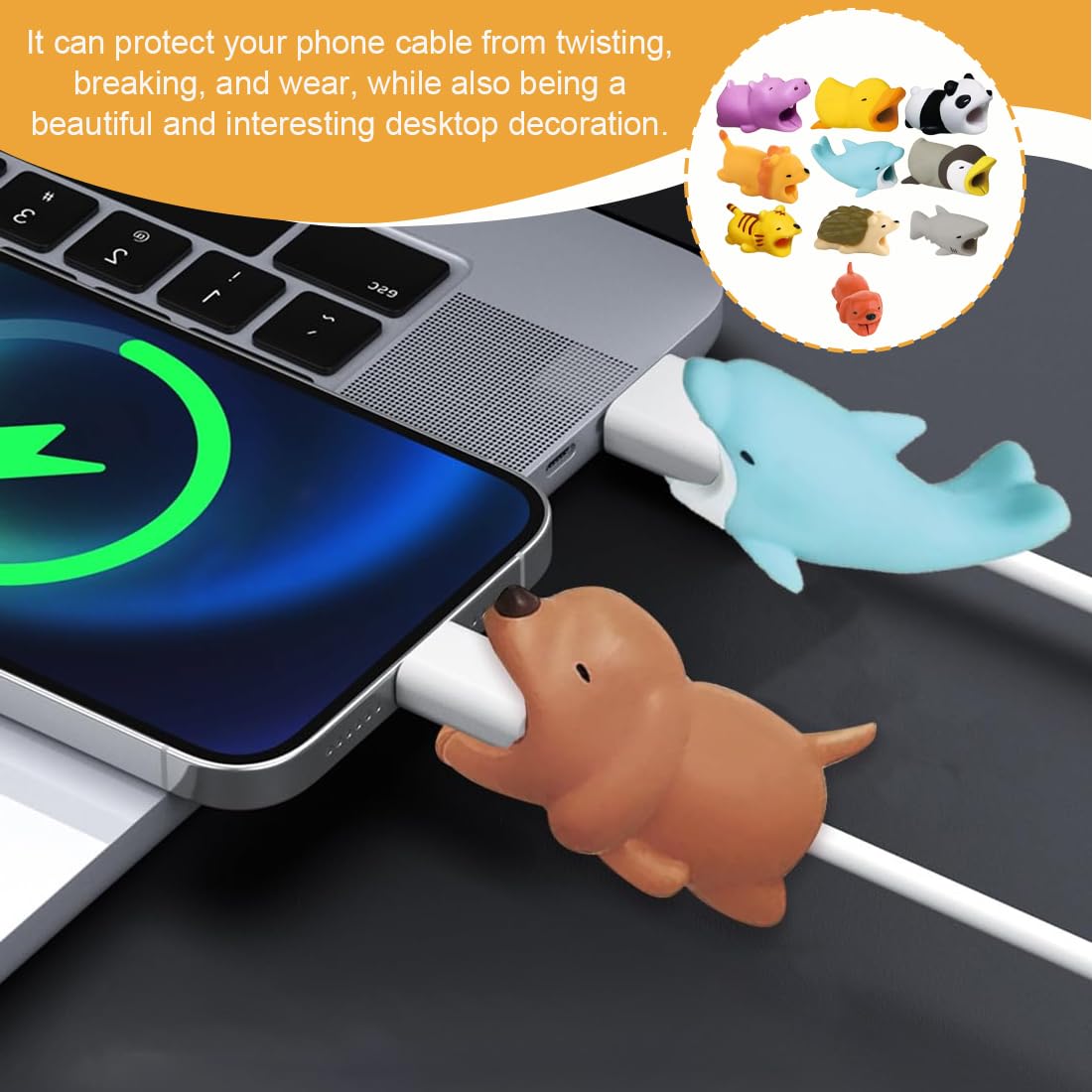 WeddHuis 10 Pcs Protezione Cavi in Silicone Animali, Proteggi Cavo di Ricarica, Anti Rottura Cavi, Protezione per Piegatura Cavi, Compatibile con la Maggior Parte dei Cavi per Smartphone