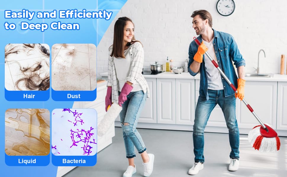 Wischmopp Ersatzbezug für Turbo 2-in-1, Bodenwischer Set Kompatibel mit Vileda EasyWring&Clean, Wischmop Ersatz, 4 Moppköpfe +1 Stiel +1 Moppbasis für mop, auch fur empfindliche Boden – Bild 8