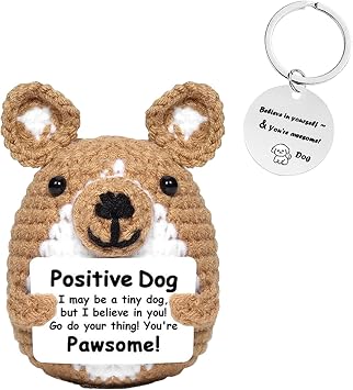 Positive Emotional Support Crochet Dog, Funny Handmade Knitted Doll with Dog Keychain Home Office Desk Decor Birthday Holidays Cheer up Gifts for Family Friend Coworker Teacher