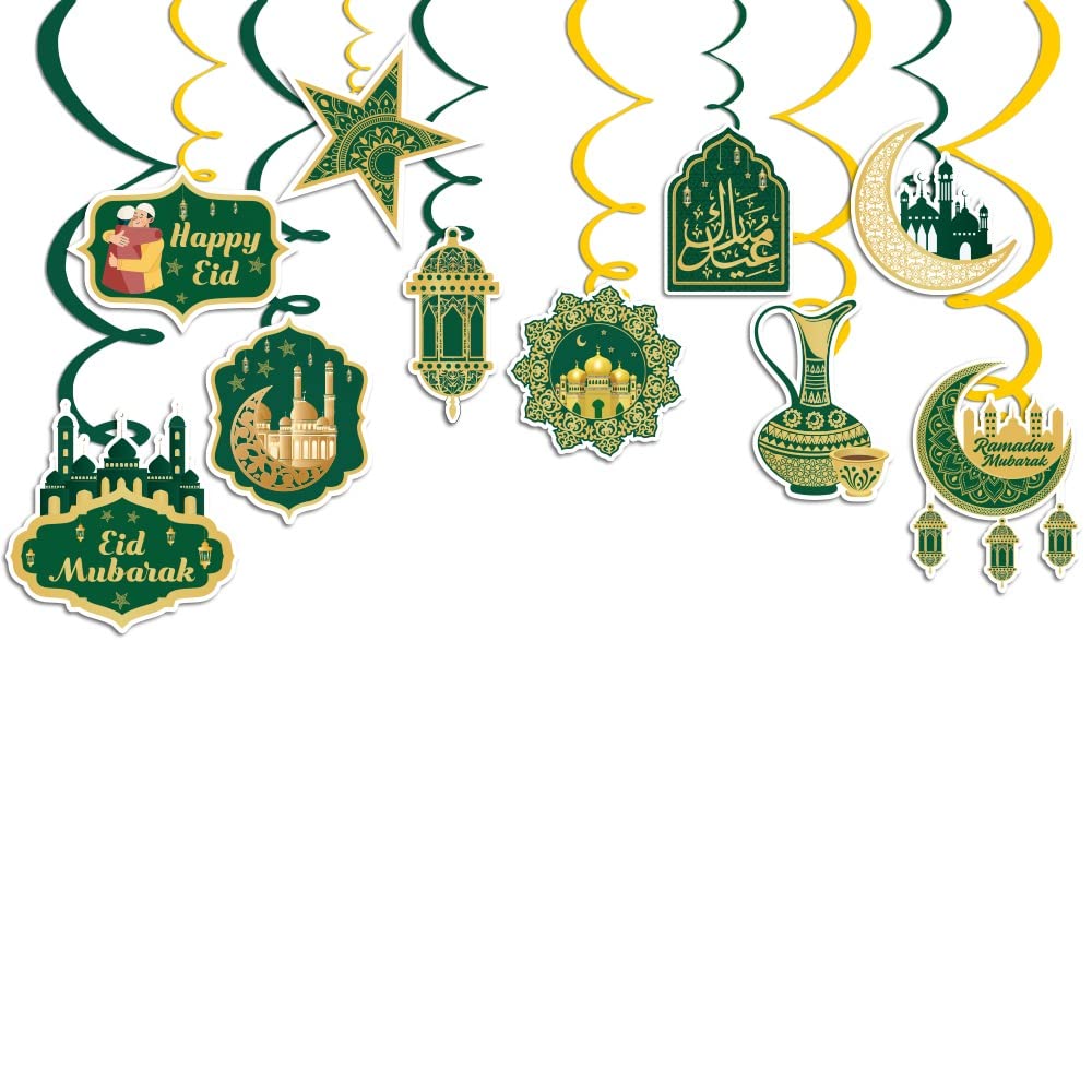 Rozi Decoration Eid Mubarak Hanging Swirls Decorations Set of 12 Pcs for Eid Decorations, Ramadan Mubarak Decorations, Eid Mubarak Decorations for Home,Kids 1 Year