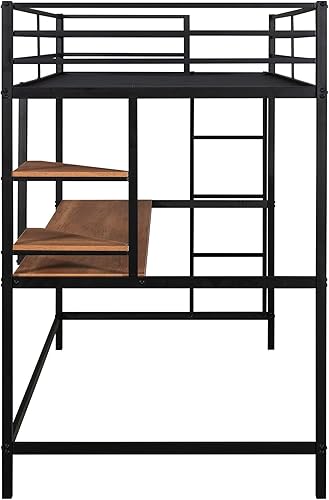 Miniatura 8 de Harper & Bright Designs Base de cama de metal tamaño individual, cama alta individual con escritorio y estantes, cama alta de metal que ahorra