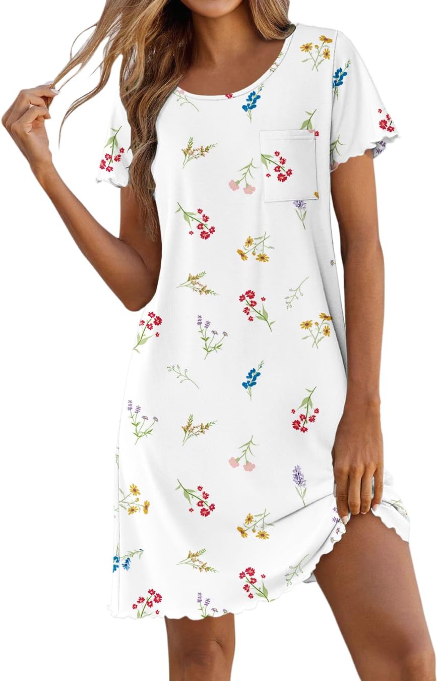 Ekouaer Bamboo Viscose Sleep Shirts for Women Soft Nightgowns Short Sleeve Ruffled Night Shirts with Chest Pocket S-3XL
