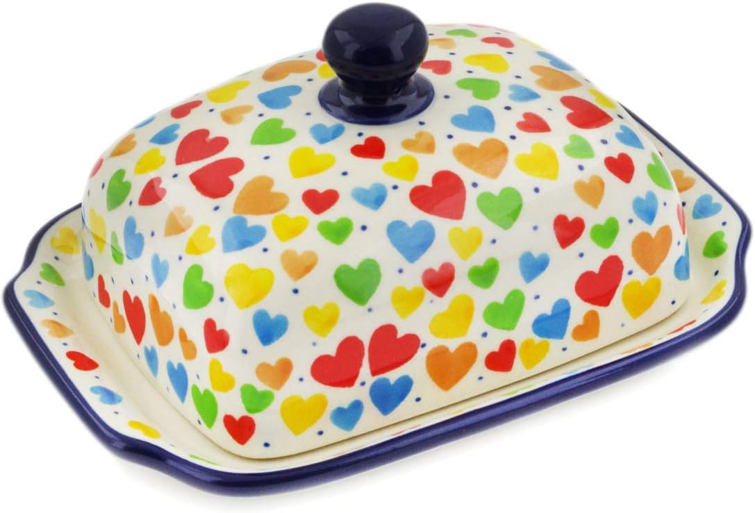 Polmedia Polish Pottery Butter Dish UNIKAT - In Love With Love Pattern Handmade in Boleslawiec Poland by Ceramika Artystyczna + Certificate of Authenticity