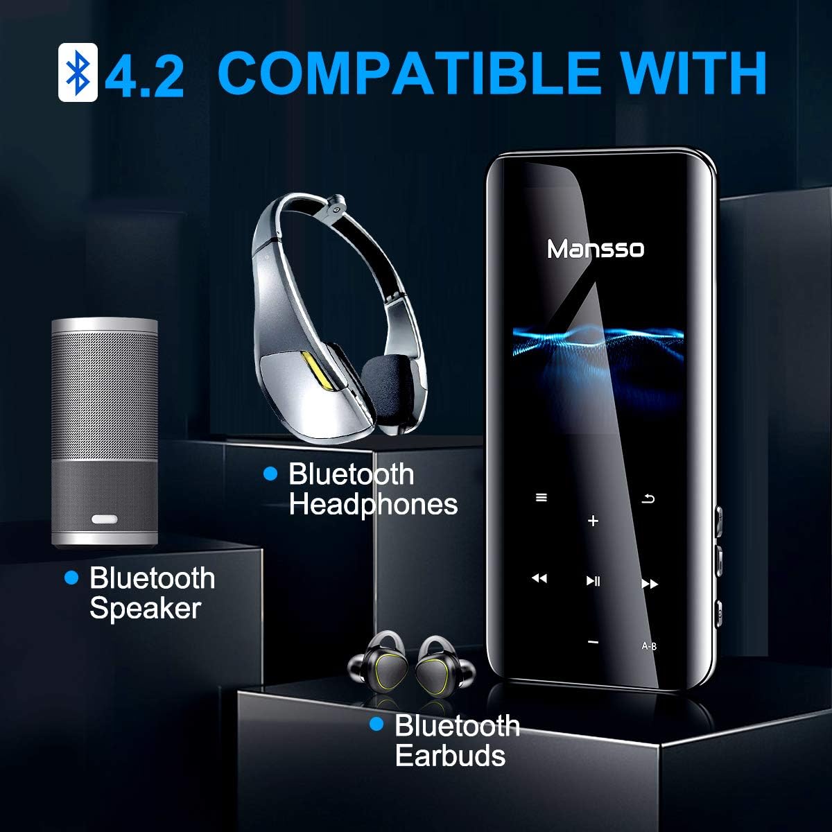 Mansso MP3 Player with Bluetooth 4.2-16GB Music MP3 Player Portable HiFi Lossless Sound Music Player with 2.4'' Curved Screen, FM Radio Voice Recorder E Book,Earphone & Armband Expandable up to 128