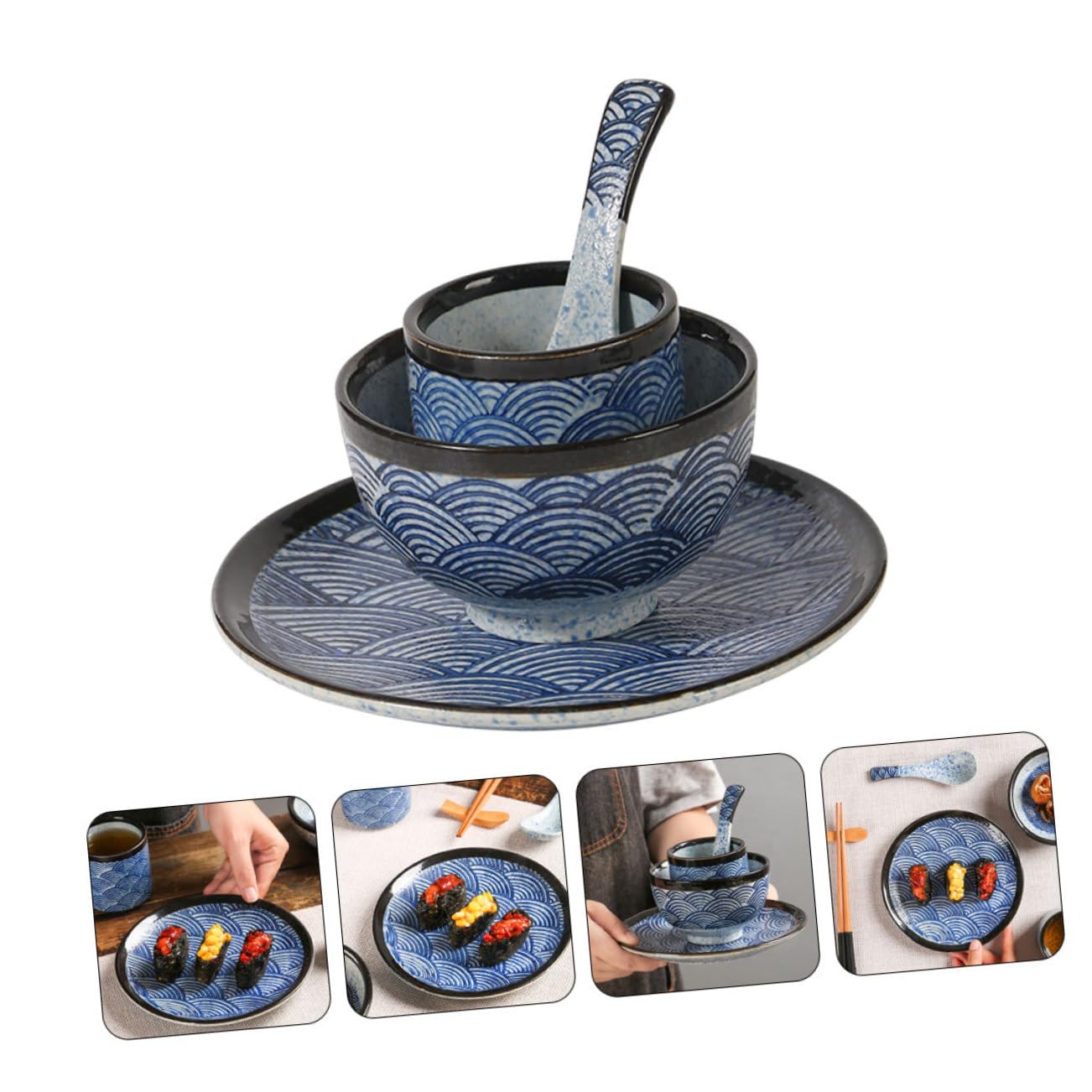 Service Vaisselle Céramique Japonerie à Motif Ondulations, 1 Set 4 Pièces