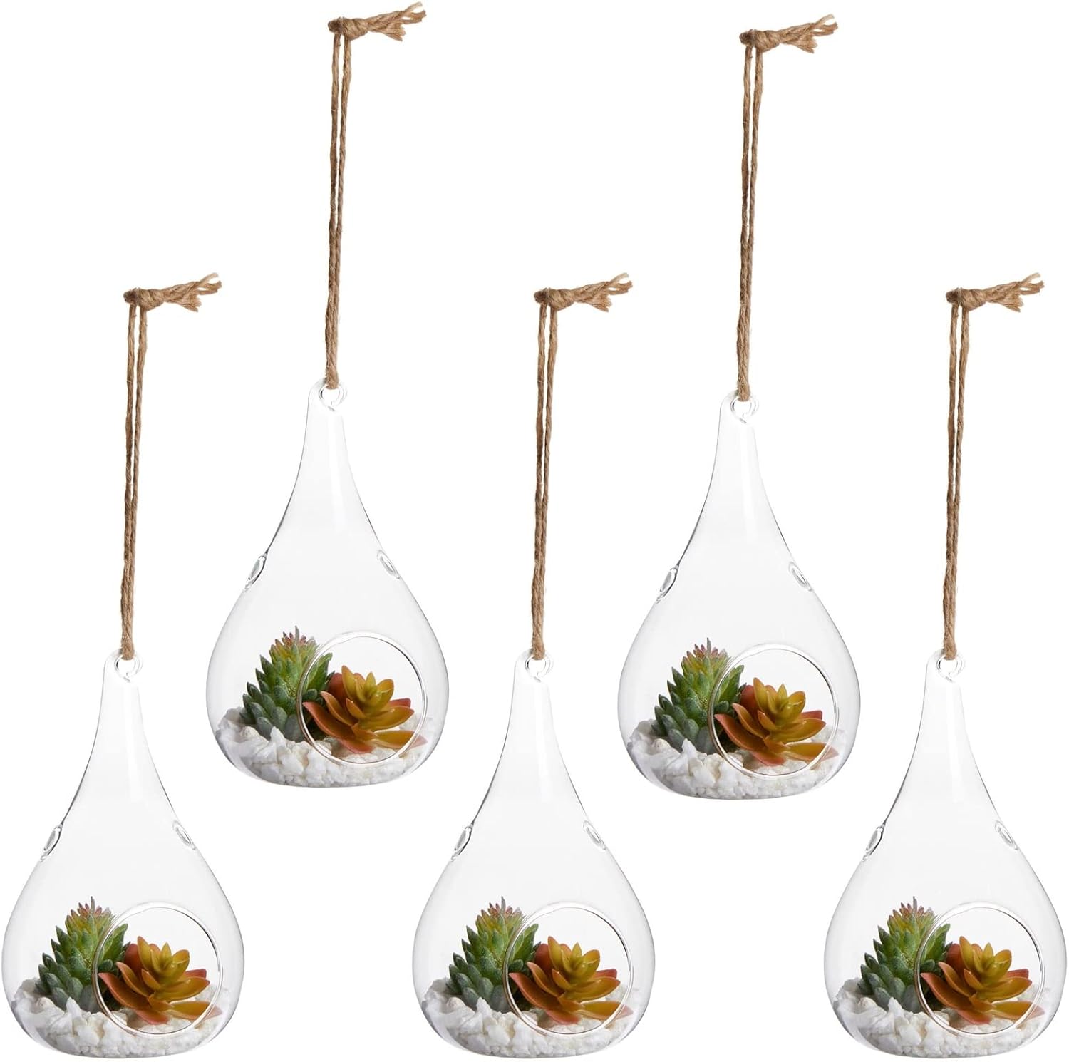 5-Pack Hanging Glass Terrarium Containers for Air Plants, Succulent Planter Vase Hangers for Home Decoration, Teardrop Tealight Ornaments, Candle Holder, Unique Decor, Centerpiece (3x5.5 in)