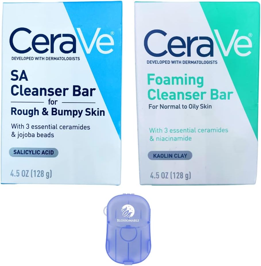 BLOSSOMABLECleansing Bar Combo Pack: Foaming Cleanser Bar & SA Cleanser Bar with 3 Essential Ceramides, Jojoba Beads, Salicylic Acid, & Niacinamide Bundled w Disposable Hand Soap