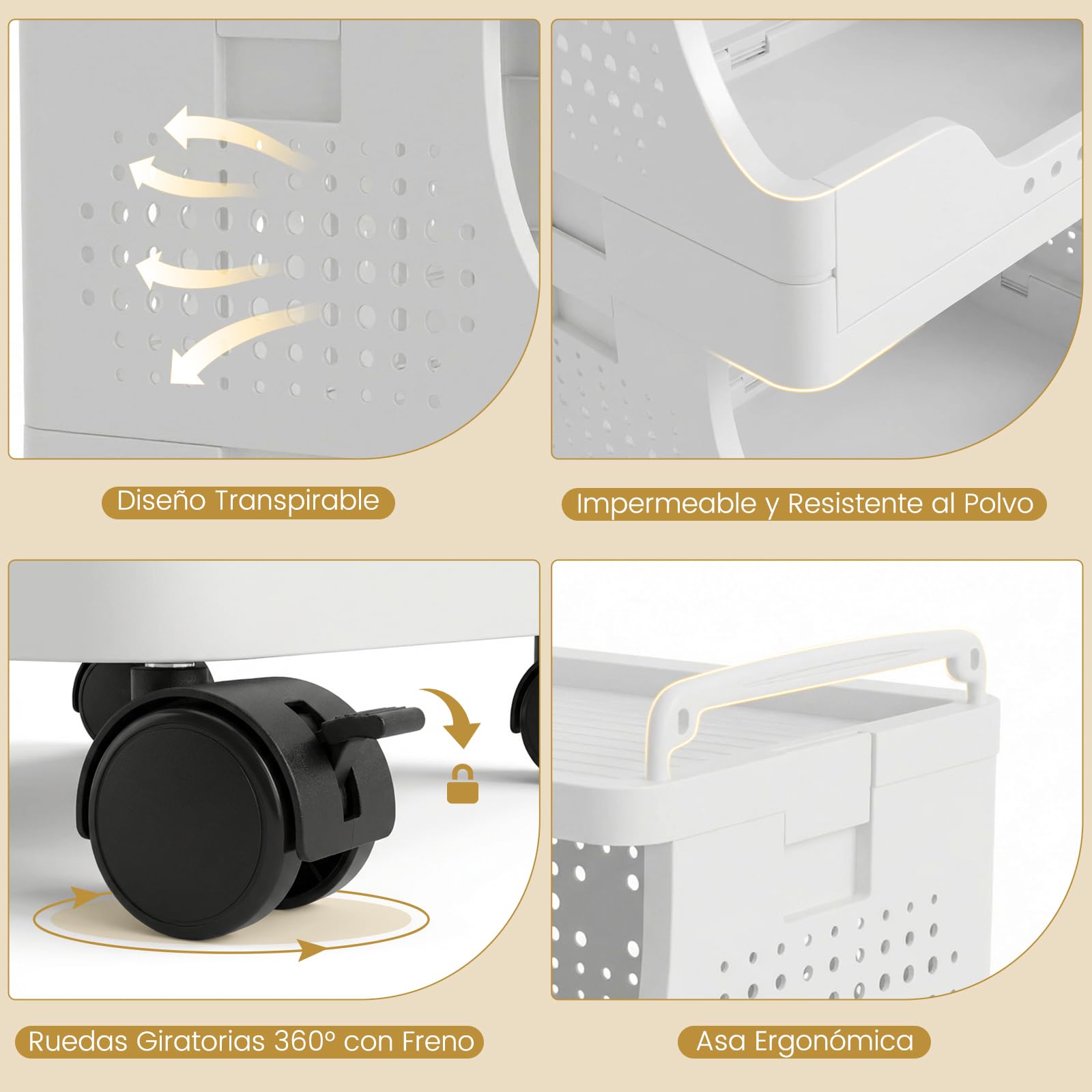 DEANIC Carrito Organizador Plegable con Ruedas, 4 Niveles, Carrito Auxiliar con Bandeja Superior, estantería móvil con Asas, para baño, Cocina y lavandería (Blanco)