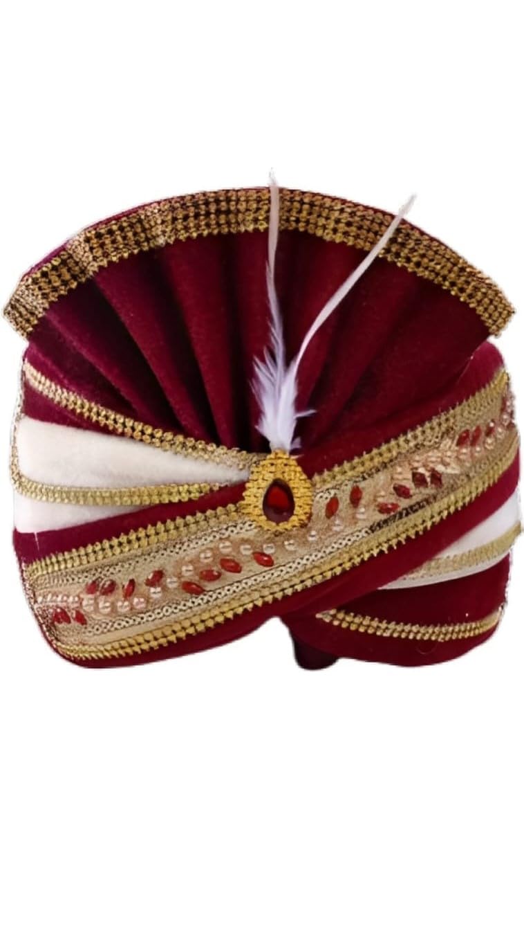 Traditional Wedding Accessories Turban Maroon Velvet Cloth for Dulha/Groom Pagdi/Pagari-image-3