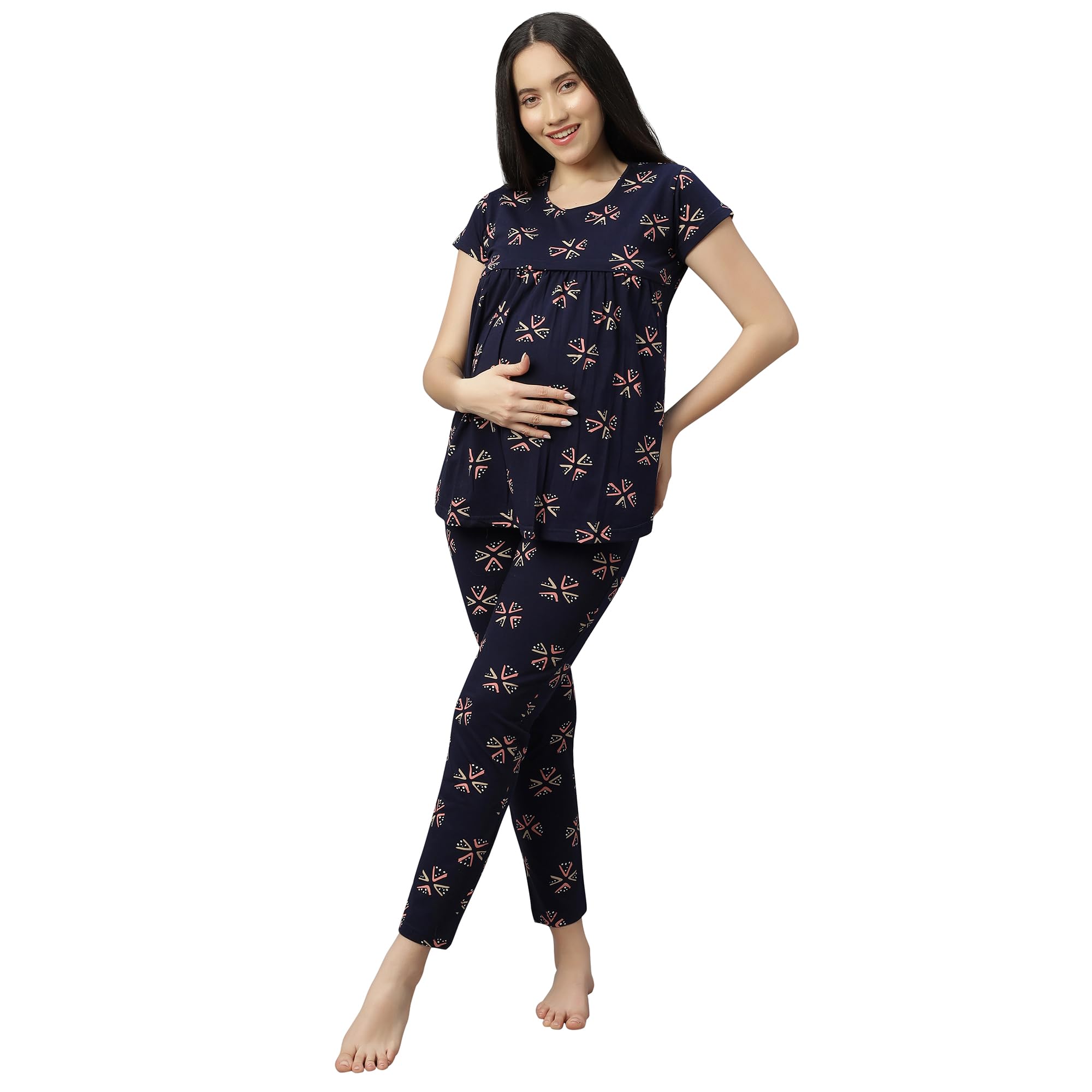 dzzo Women's Cotton Printed Maternity Night Suit | Comfortable Feeding Night Dress | Soft & Breathable Nursing Pajama Set-picture-10