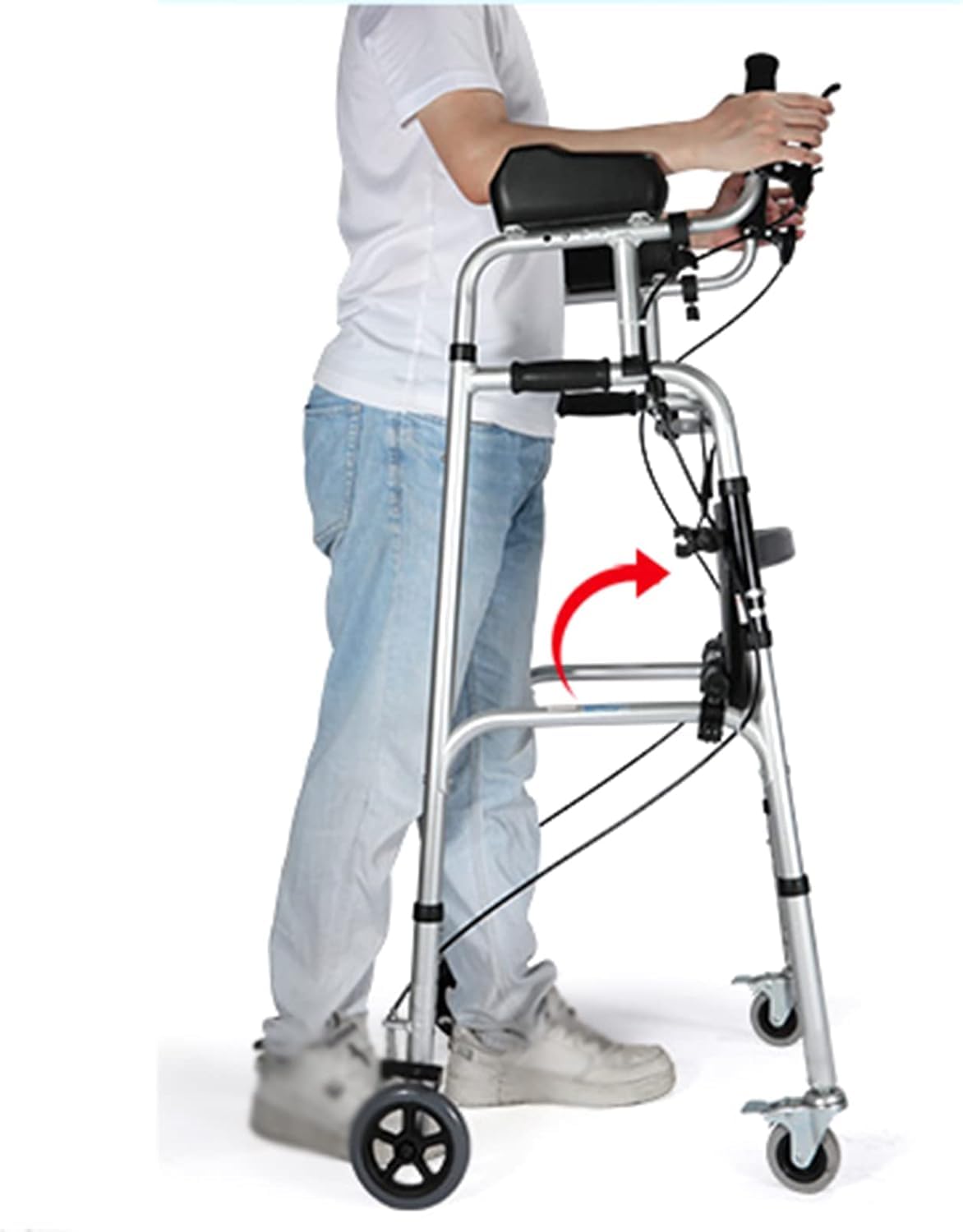 Balkonik Z Hamulcami I Podłokietnikiem, Lekki, Składany 4-kołowy Chodzik Rollator Z Wyściełanym Siedziskiem, Silver