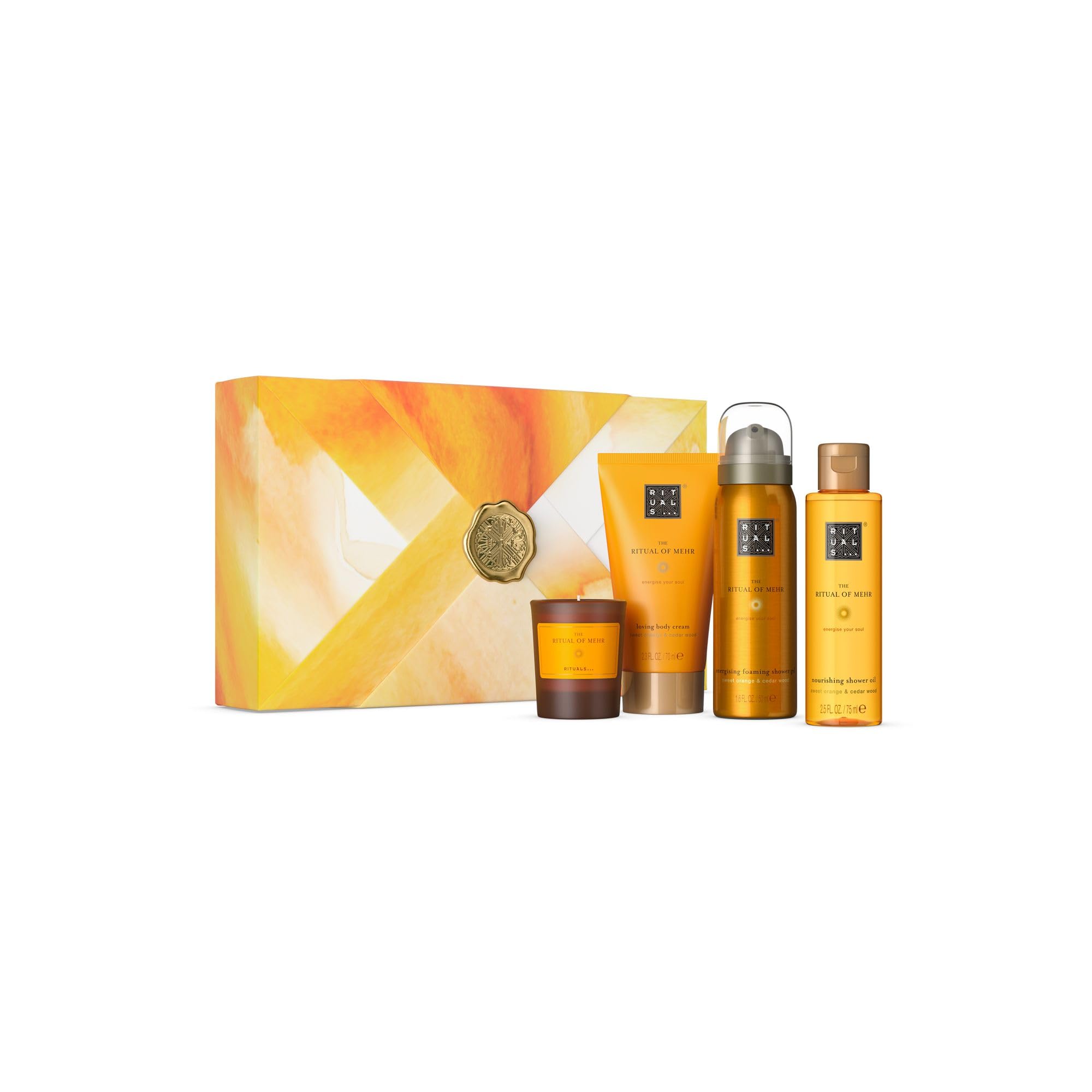 RITUALS Cofanetto regalo donna The Ritual of Mehr, S – Set regalo donna con 4 prodotti per la cura del corpo e della casa – Set bagno con arancia dolce e legno di cedro energizzanti