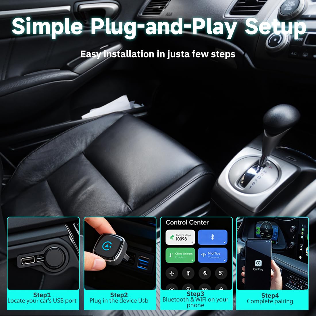 Adattatore CarPlay Wireless per Auto Mini Dongle USB C Plug & Play Compatibile con 98% Veicoli CarPlay e AndroidAuto Cablati Chip WiFi 5.8GHz Bluetooth 5.3 Connessione Rapida 10s iOS