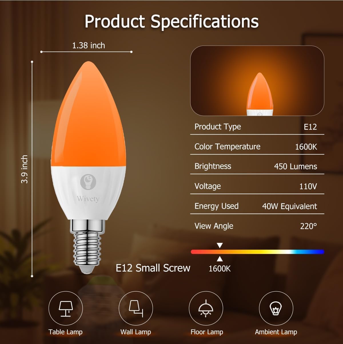 E12 Amber Sleep Light Bulbs 1600K with Remote Control, Candelabra Blue Light Blocking Light Bulbs, 5W for Sleep Therapy, Baby Nursery, Bedroom (4 Packs)