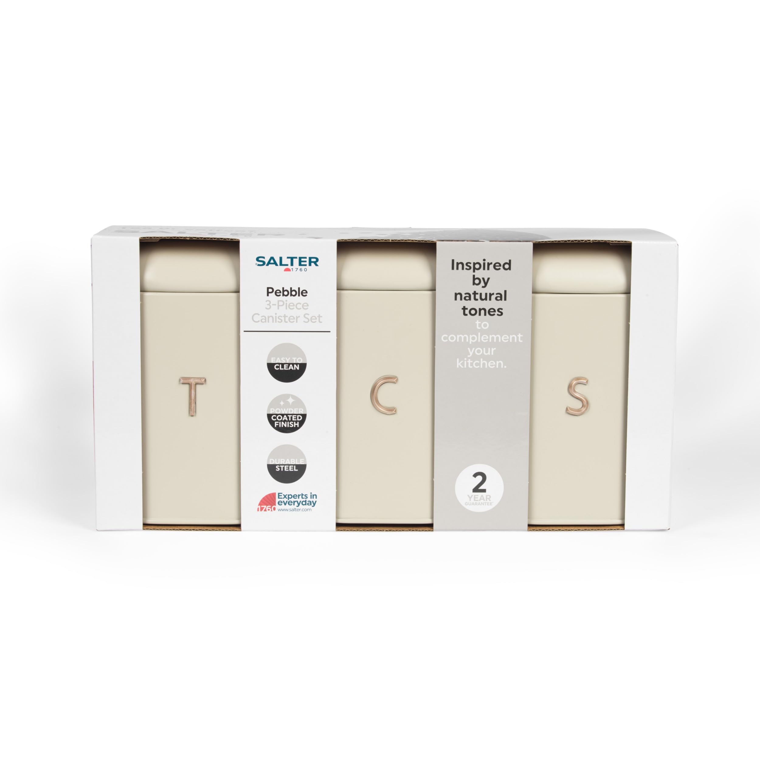 Salter BW13729EU7 Pebble set di contenitori di zucchero tè caffè - contenitori per conservazione da banco, contenitori per piani di lavoro, etichettati in acciaio al carbonio, crema/oro