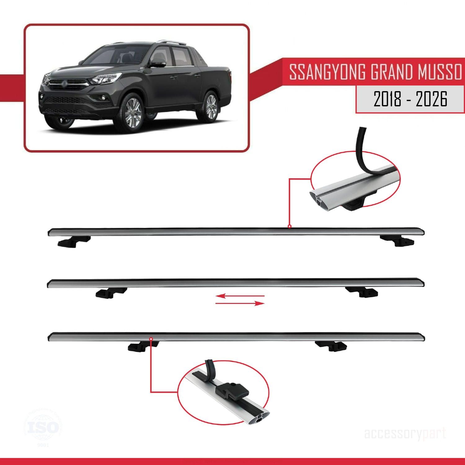 Kompatybilny z Compatible with Ssangyong Grand Musso 2018-2026 BASIC Model Aluminiowy bagażnik dachowy 2 poprzeczki, szary