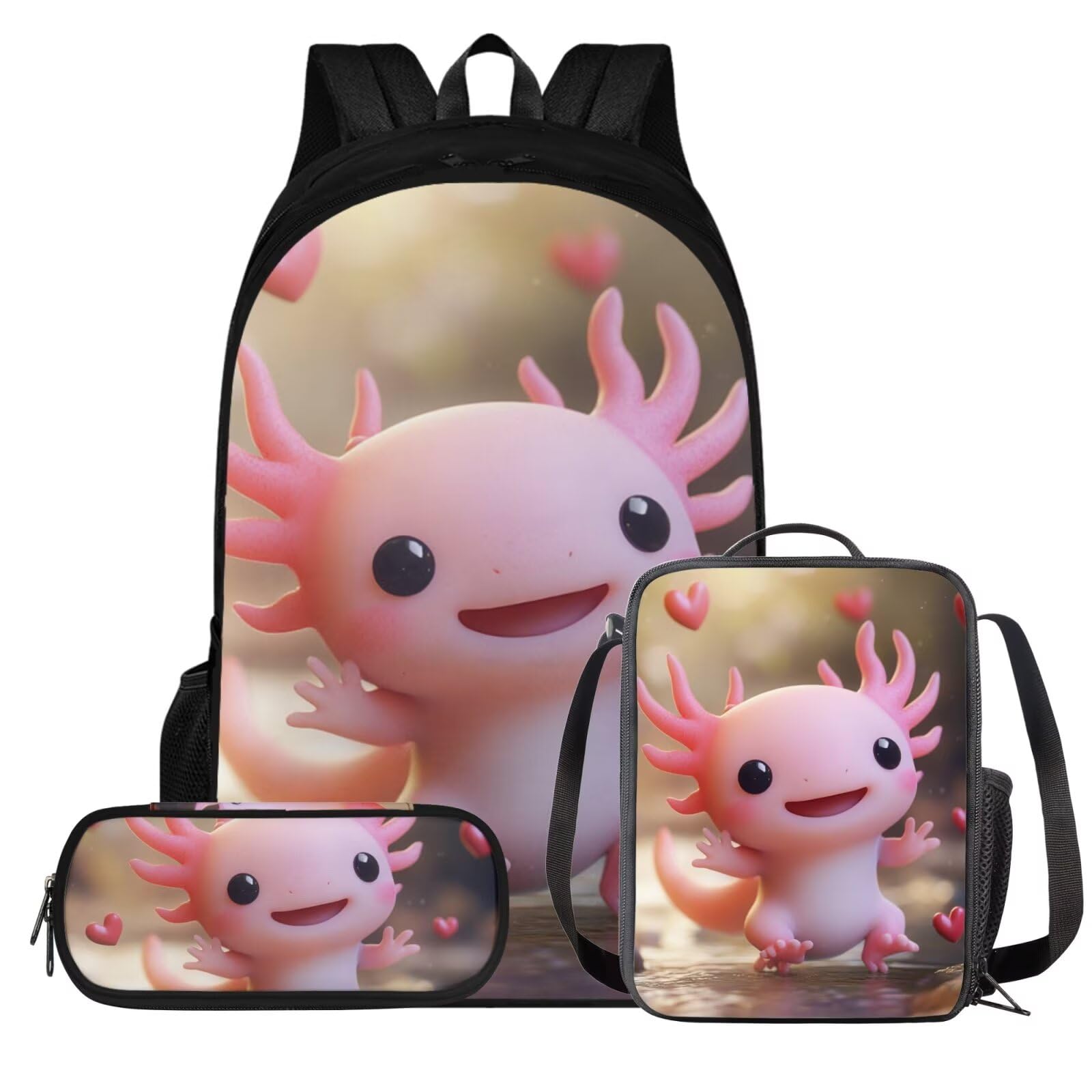 Tiasarato Cute Axolotl School Bag Set for Girls Age 6-8 | 3-Piece Backpack with Lunch Box | Adorable Elementary Bookbag | Back to School Gifts for