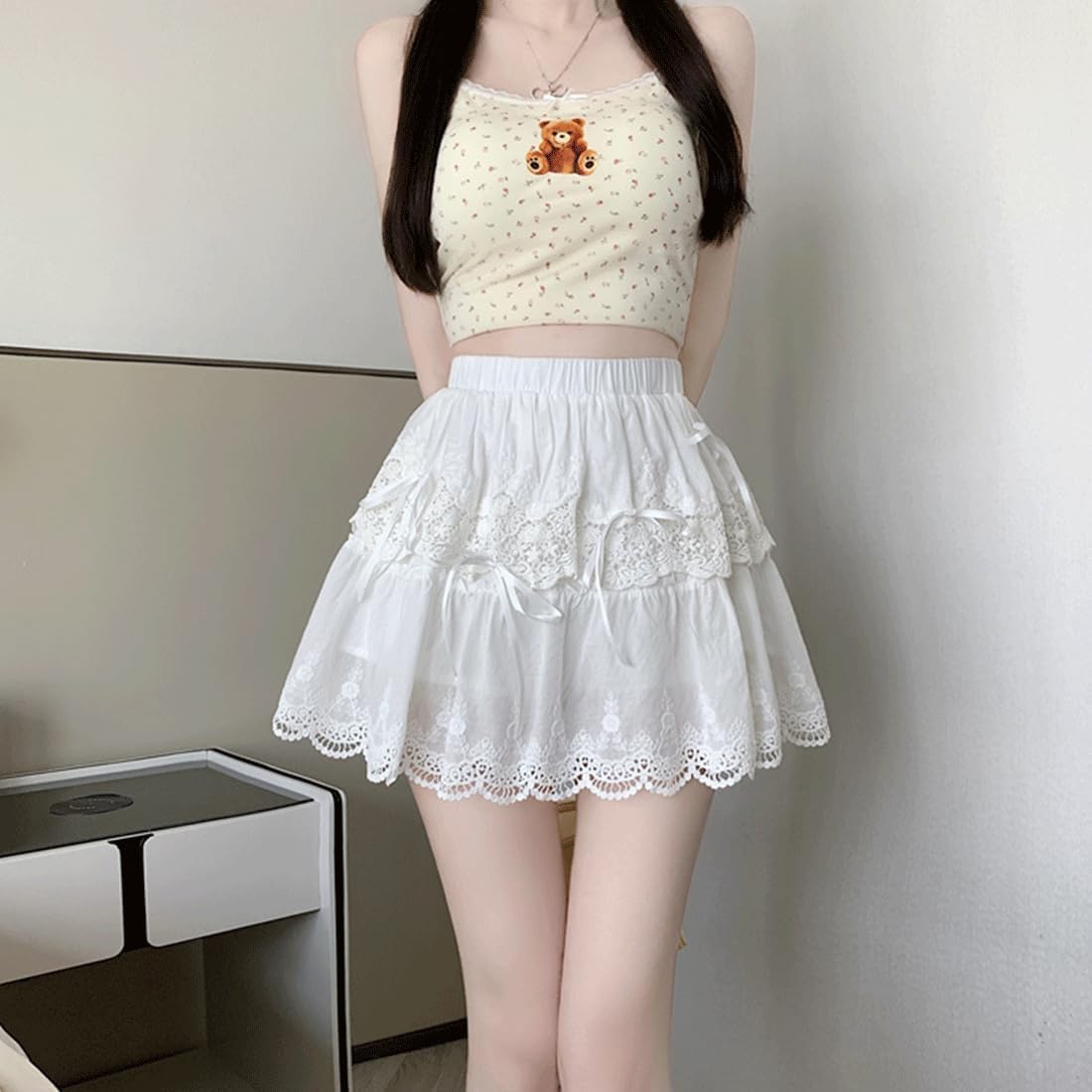 Kawaii Gothic Vintage Casual Style Elastic Waist Bow-Knot Lace Trim Layered White Skirt with Shorts Underneath - Image 3