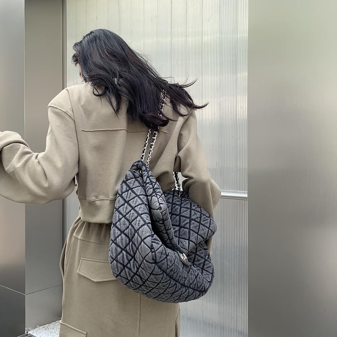 Borsa da donna grigia casual con motivo a scacchi di diamanti denim retrò moda monospalla