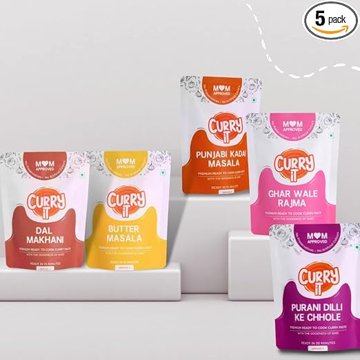 Vegetarian Combo | Chole Masala, Dal Makhni, Butter Paneer, Punjabi Kadhai Masala & Rajma | Ready in 15 Mins | Made with Ghee | Ready To Cook Indian Masala Gravy (Pack of 5-250g Each)