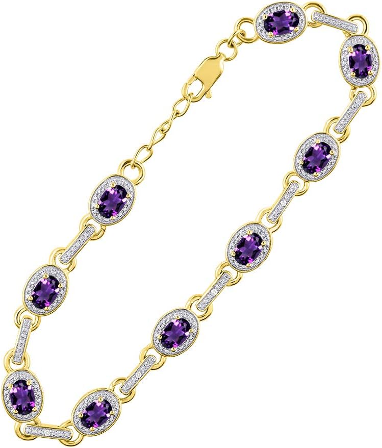 Rylos Tennis Bracelet with Gemstones & Diamond Halo Yellow Gold Plated Silver 925 - Adjustable 7-8" Wrist, 9 Stunning 6x4MM Birthstone Jewelry for Women - Perfect for Friendship and Elegance.