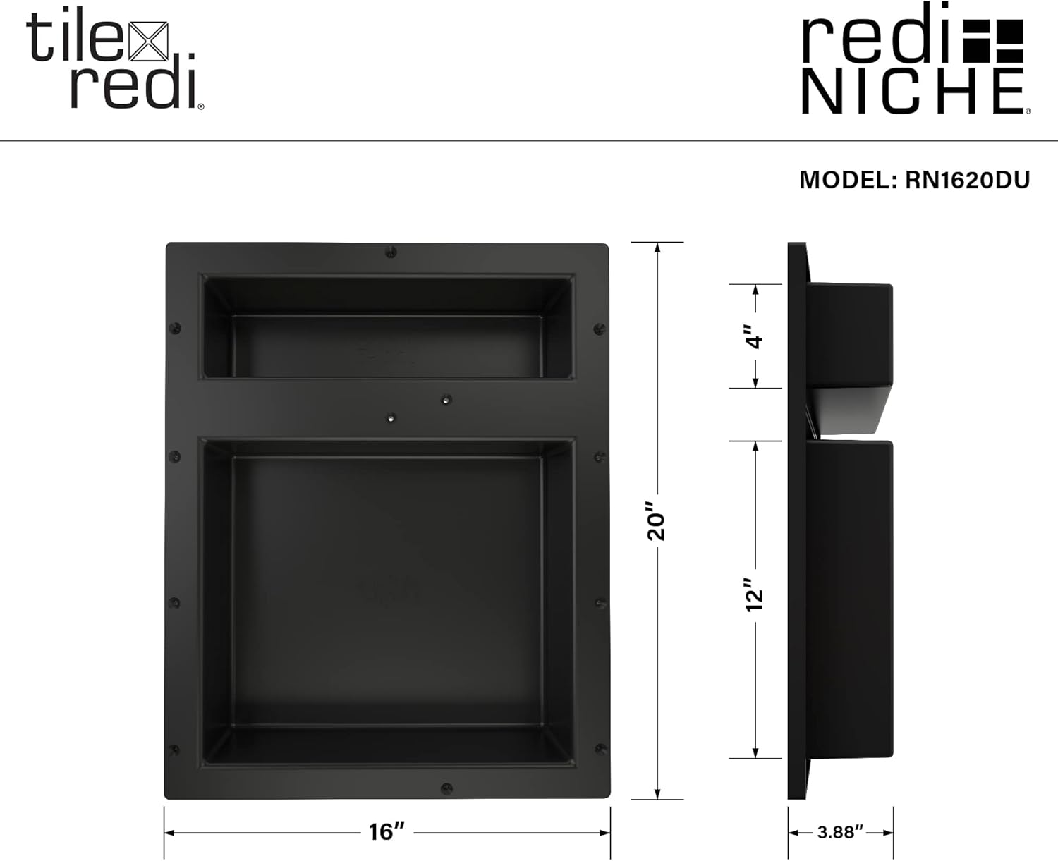 Tile Redi USA RN1620DU Niche Double Recessed Shower Shelf, Two Shelves, 20" H X 16" W, Black