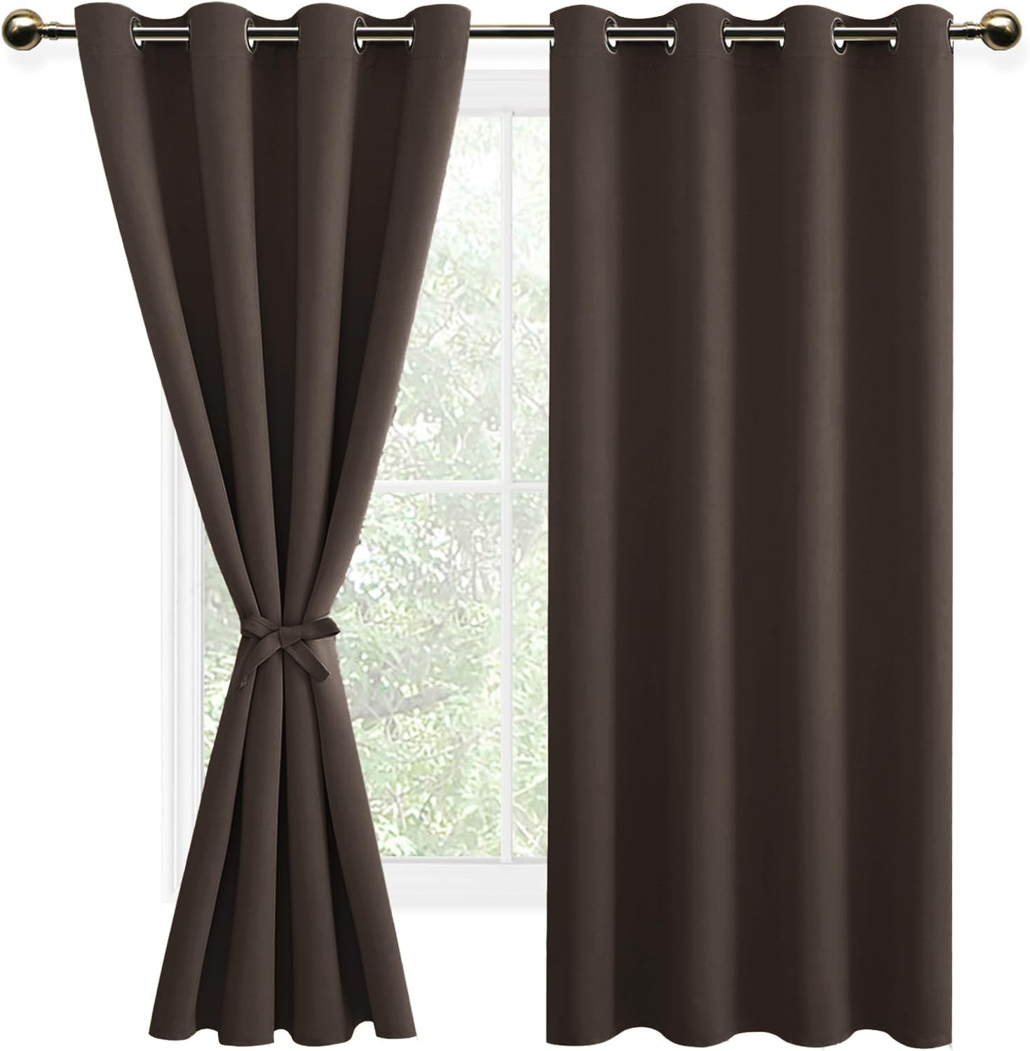 DWCN Blackout Curtains for Bedroom with Tiebacks Thermal Insulated Solid Eyelet Curtains for Living Room,2 Panels,52" Wide x 63" Drop, Brown — image 1