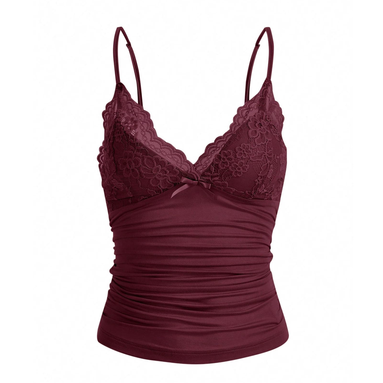 Naileksi Women Y2k Lace Trim Cami Top Spaghetti Strap Fairy Grunge Tank Top V Neck Ruched Bow Lace Patchwork Cami Shirt