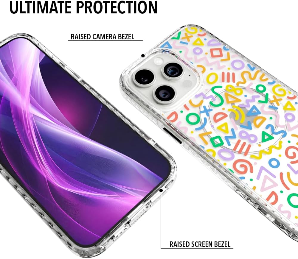cellhelmet Impact Case iPhone 15 | 13ft. Drop Tested [Raised Edges Protect Camera and Screen] Clear Anti-Yellowing Case, Compatible with MagSafe | Cute Colorful Doodle Magnetic Case for iPhone 15