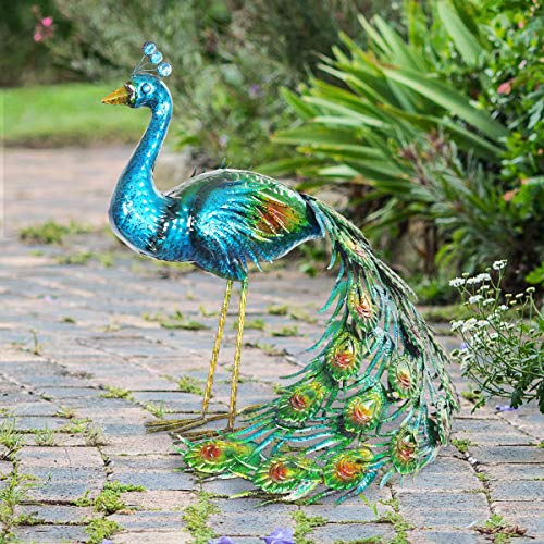 Exhart Garden Sculpture, Metallic Peacock Garden Statue, Hand Painted Metal Outdoor Garden Decoration, 15 X 24 Inch #TOP3