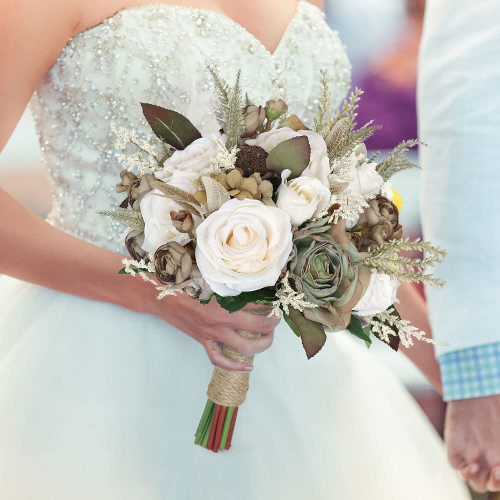 Fouriding Brautstrauß Braut Brautjungfer Brautjungfern Blumensträusse Hochzeit Rosen Blumenstrauß künstlicher Rosenstrauß Bouquet Deko Cremig