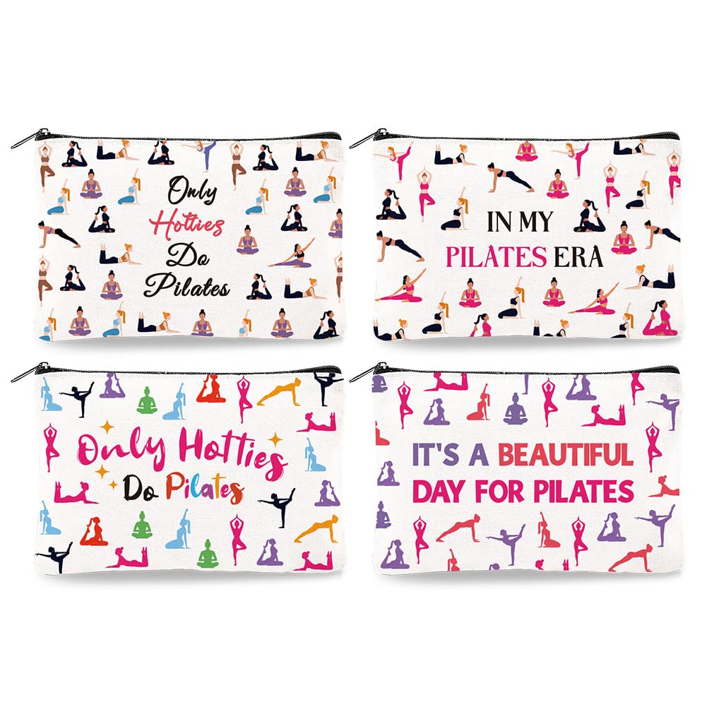 4Pcs Canvas Pilates Teacher Appreciation Gifts Makeup Bag - 9.06" x 5.9" Only Hotties Do Pilates Cosmetic Bags Travel Organizer Portable Accessories with Zipper, Purse Organizer Pouches
