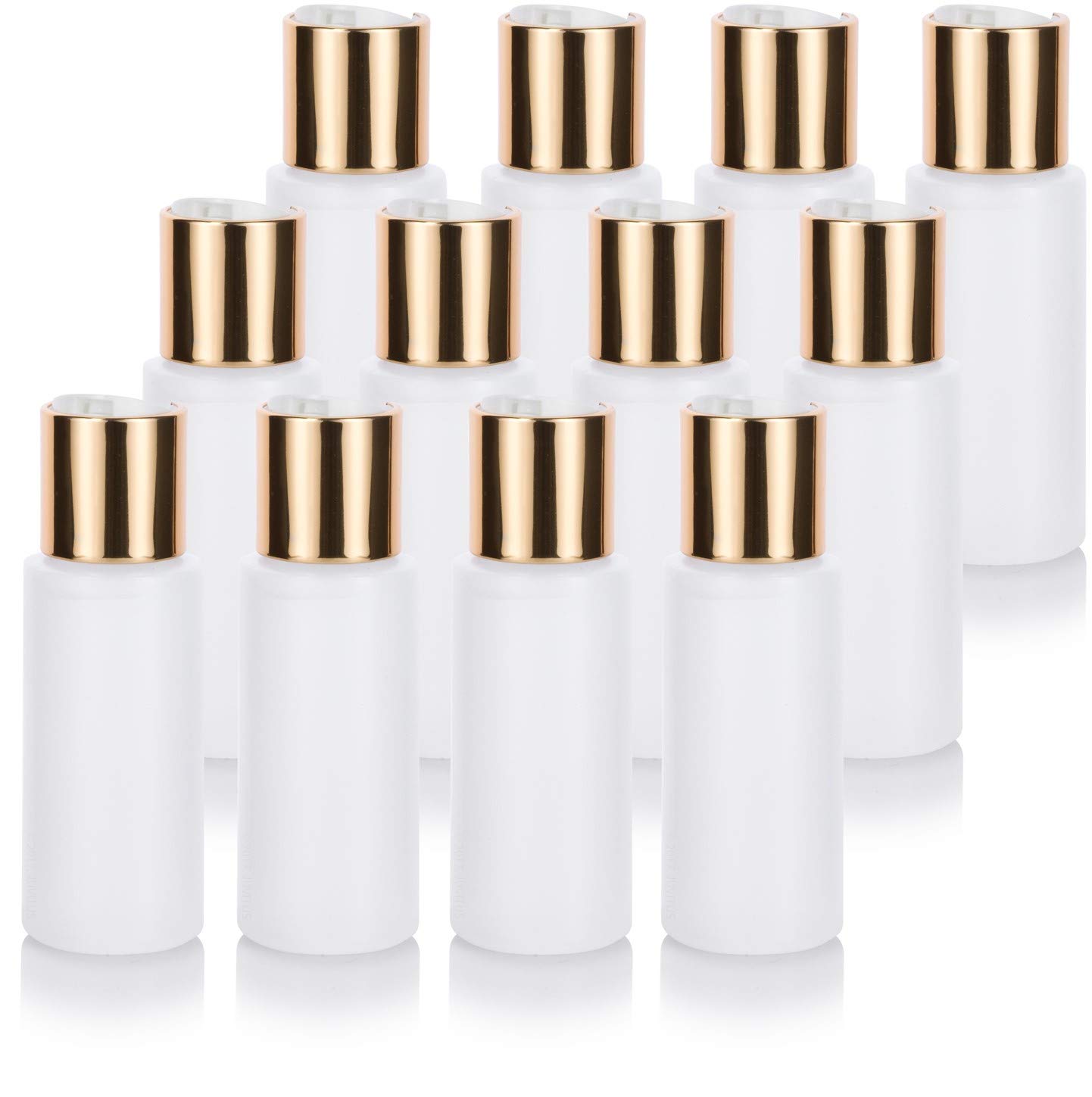 JUVITUS 2 oz Clear Natural Refillable Plastic Squeeze Bottle with Gold Metal Disc Cap Top - (12 Pack)