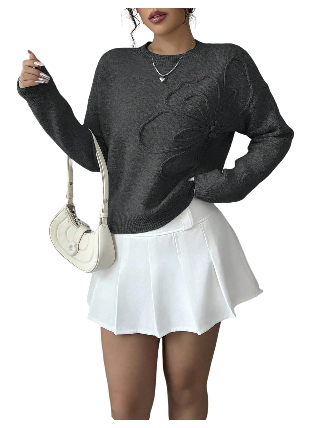 RoseSeek Women's 3D Floral Appliques Sweaters Long Sleeve Knit Tops