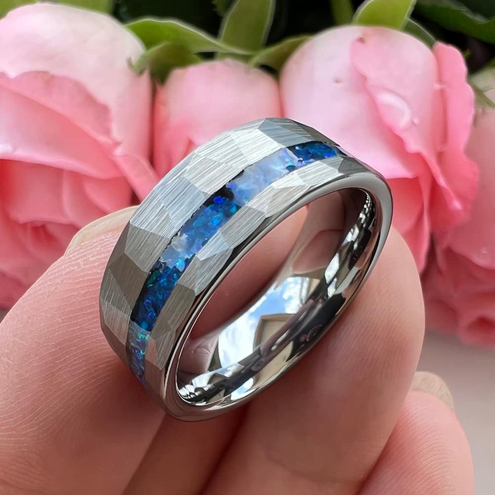 8mm Hammered Tungsten Rings for Men Women Engagement Wedding Bands Geunine Blue Opal Inlay Matte Finish Comfort Fit - Image 4