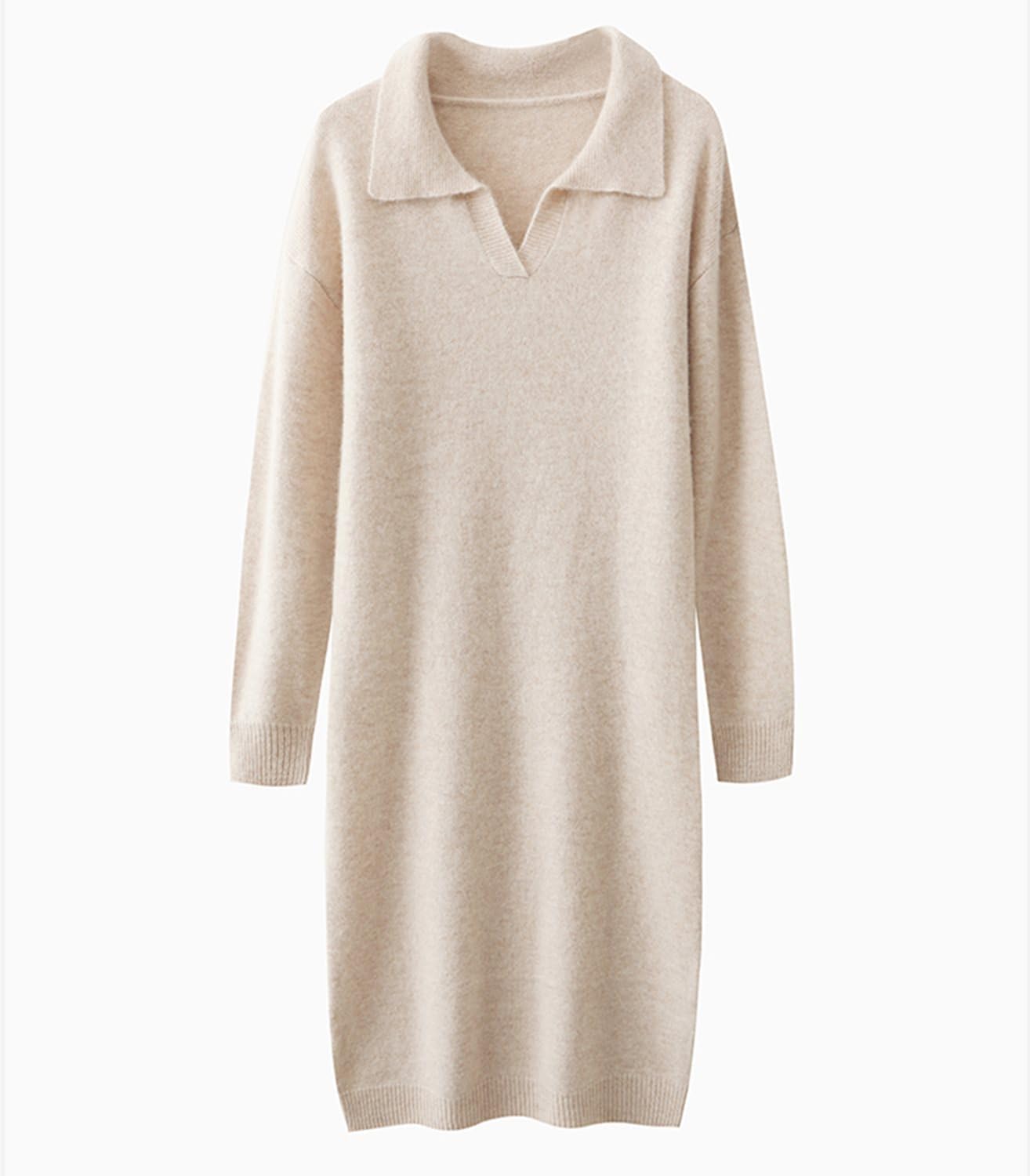 Sweater Dress Women's Long Sleeve 100% Merino Wool Knitted Pullover Flip Collar Fall Winter Long Tops