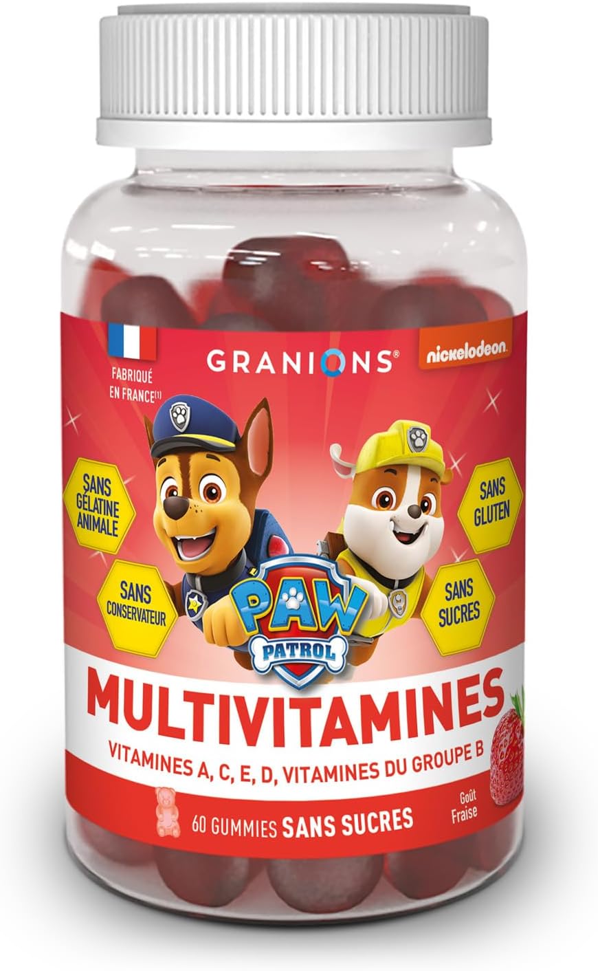 60 GRANIONS PAT PATROUILLE Multivitamin Gummies | Food Supplement | Immunity, Fatigue | Vitamins A, C, D and Group B | Strawberry Flavour | No Animal Gelatin, No Sugars | Made in FR