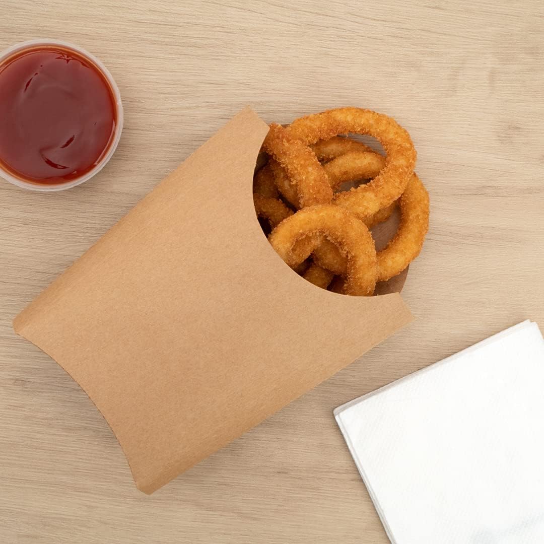 Restaurantware Bio Tek 4.7 x 3.5 x 5.1 Inch French Fry Cup 100 Disposable Snack Cups - Stackable Sustainable Kraft Paper 4 Ounce Fry Holder For Fries Onion Rings Popcorn or Cookies