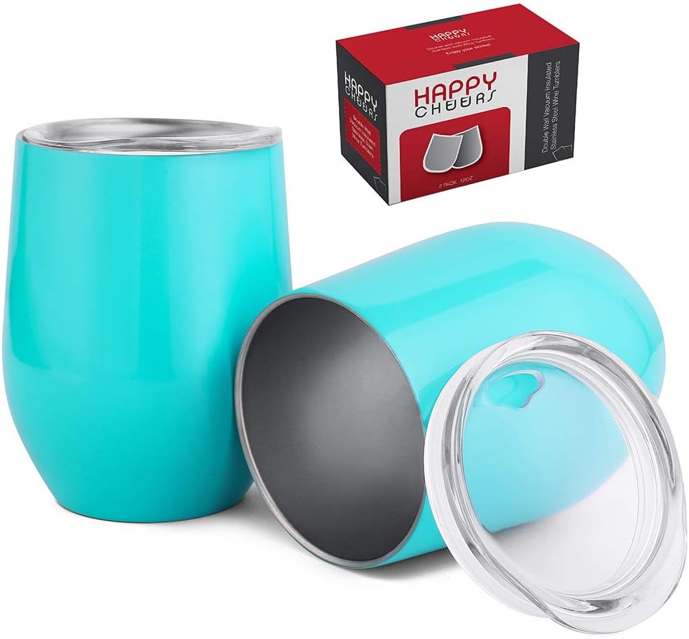 Happycheers Lid, 12 oz Vacuum Insulated Travel Cup for Coffee Water Drink Cocktail Set of 2 Gift Box, 2 Pack, Aqua Blue
