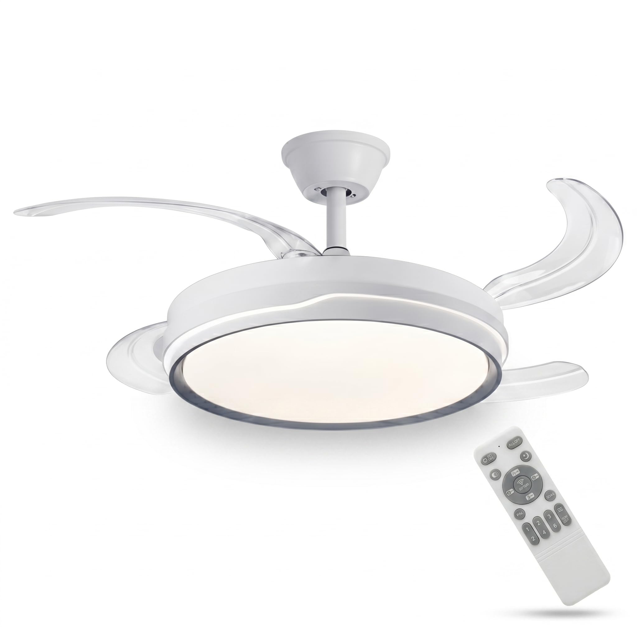 Ventilador de Techo Retráctil con Luz LED 70W, Motor DC 30W Silencioso, 107cm, 6 Velocidades, Luz Regulable con Memoria, Modo Noche, Temporizador 2H/4H, Reversible, con Mando (Raya Clásica)