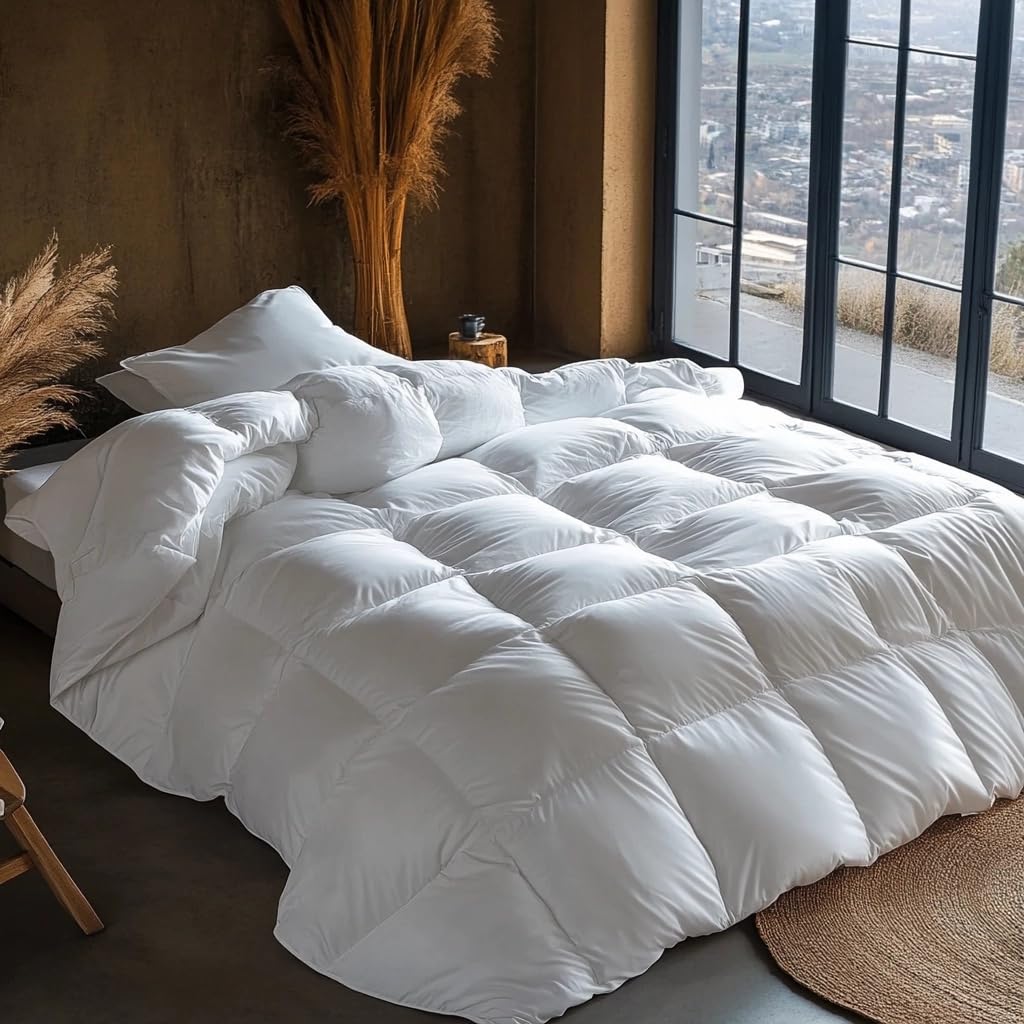 Daunendecke 155x220 90% Daunen Bettdecke Weiß | Öko-Tex BaumwolleBezug,Maschinenwäsche,1200g Mittlere Wärme,ideal für frierende Schläfer, Frühjahr,Herbst, Winter