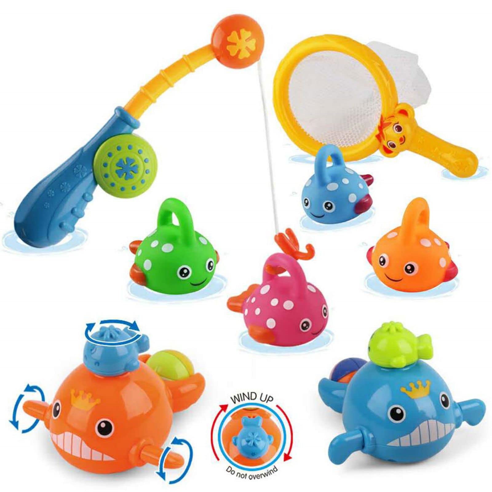 Arabest Bath Toys, Floating Fishing Games Wind-up Swimming Whales Baby Bath Toys, Water Pool Bathtub Toys Set with Fishing Pole and Net for Toddler Kids 1-6 Years Old, Bathroom Fish Set